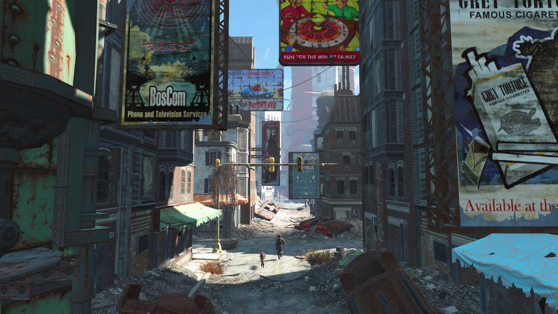 The ruined streets of Boston beneath pre-war billboards