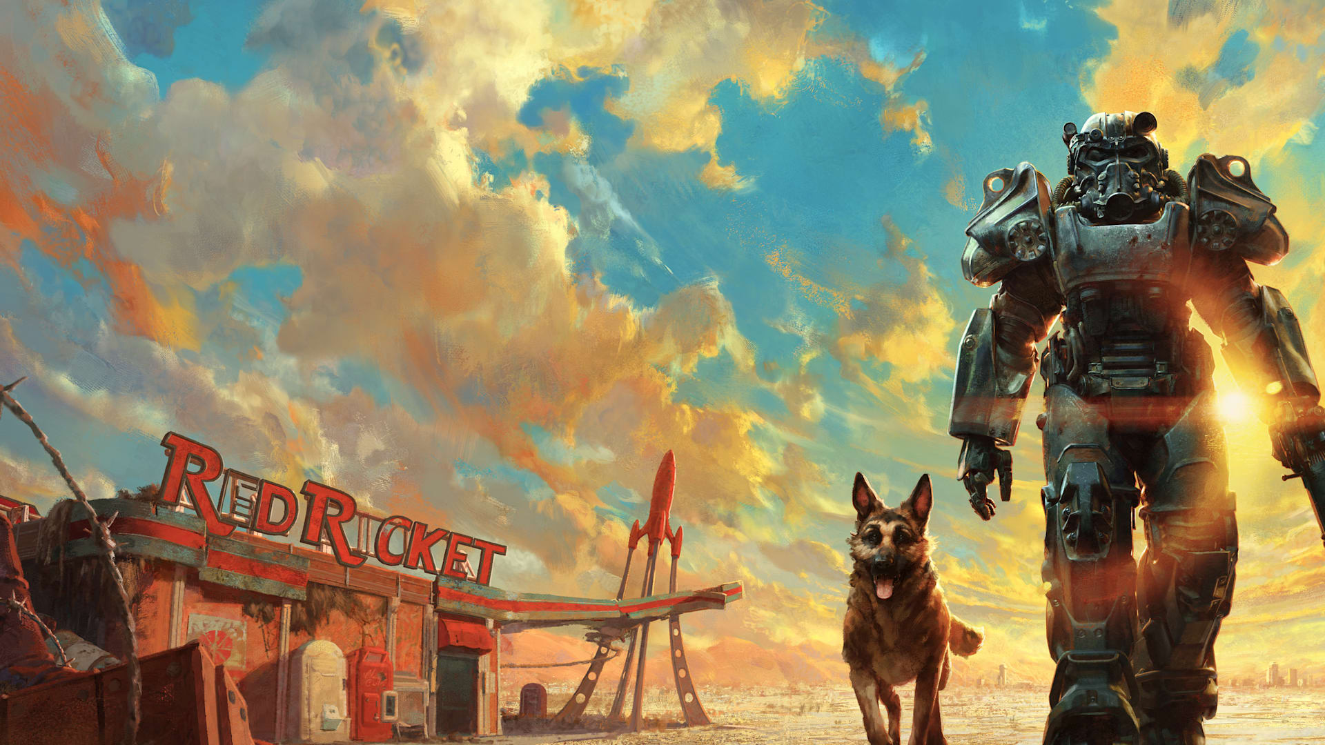 Power Armor and Dogmeat outside Red Rocket under a golden sky — official Fallout 4 artwork