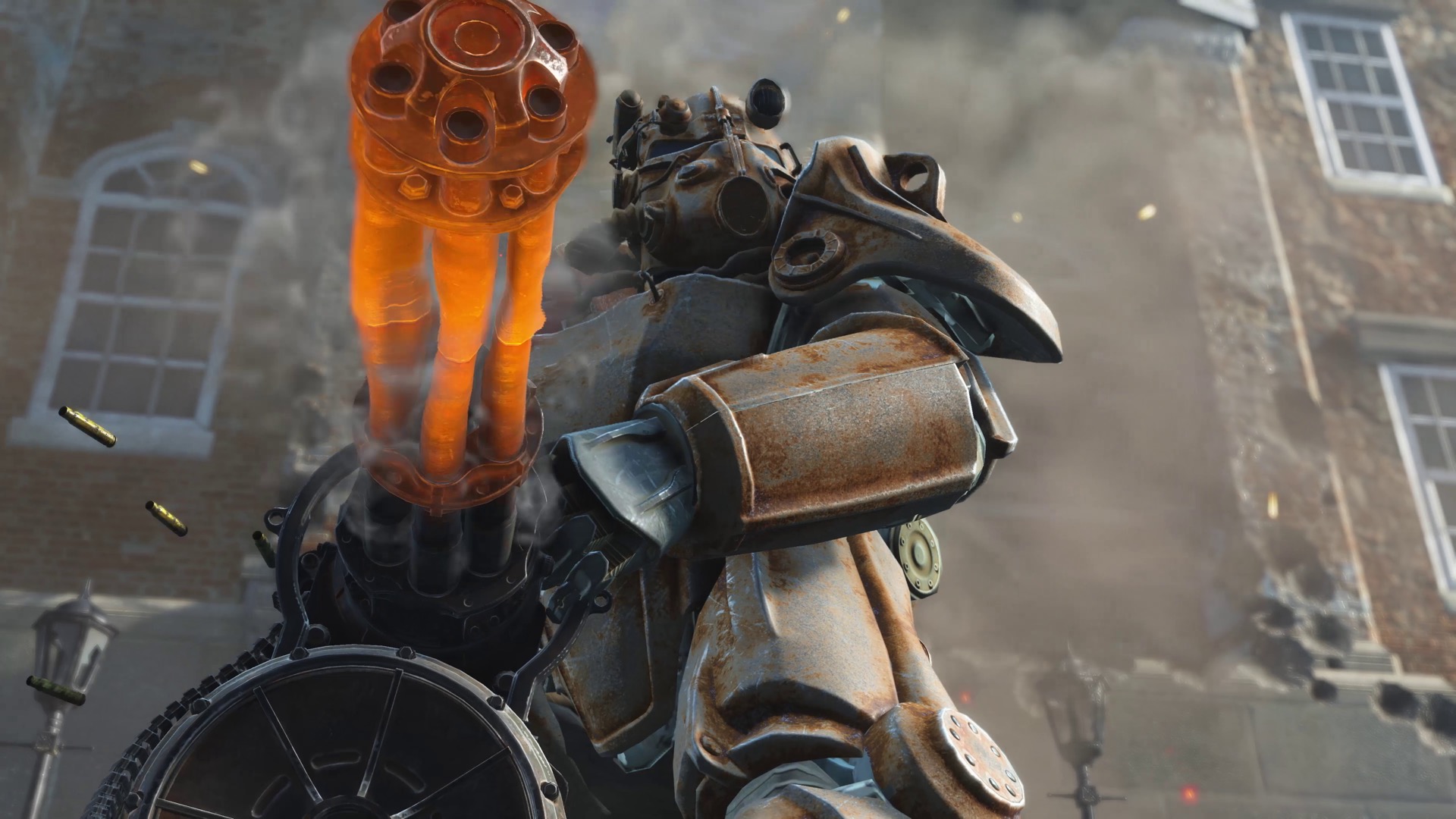 A survivor in Power Armor in the streets of the Commonwealth