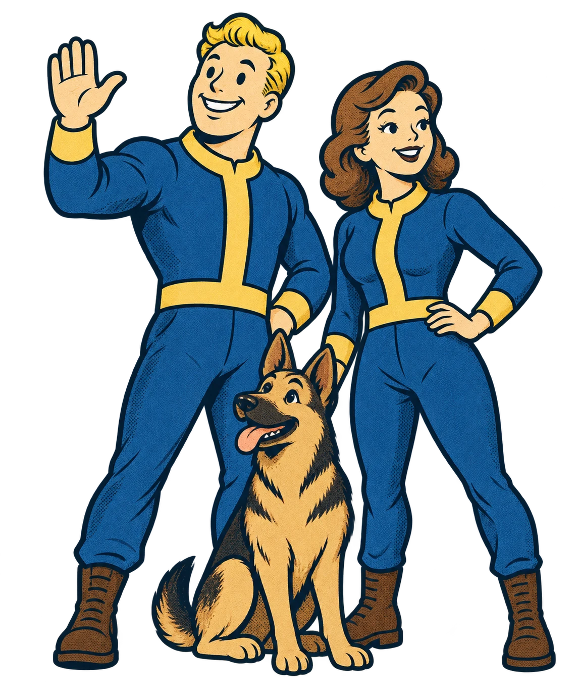 Two cheerful vault dwellers and their dog, ready for a new life in the Commonwealth